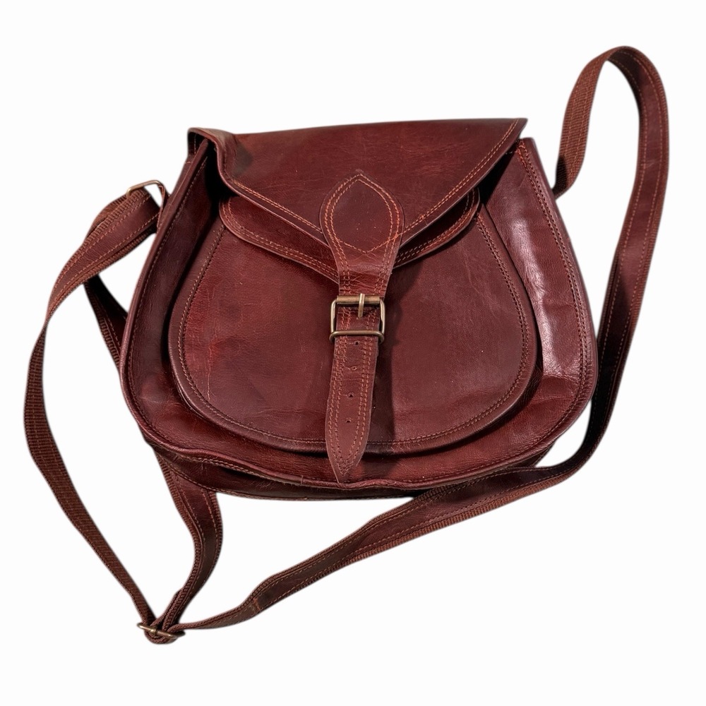 Vintage Brown Leather Satchel‎ Bag with Buckle Closure